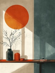 Minimalist abstract colorful mid century japandi style print. Zen, calm, charming and cosy vibes. Great for poster design or frame as decor. Simple shapes and lines.