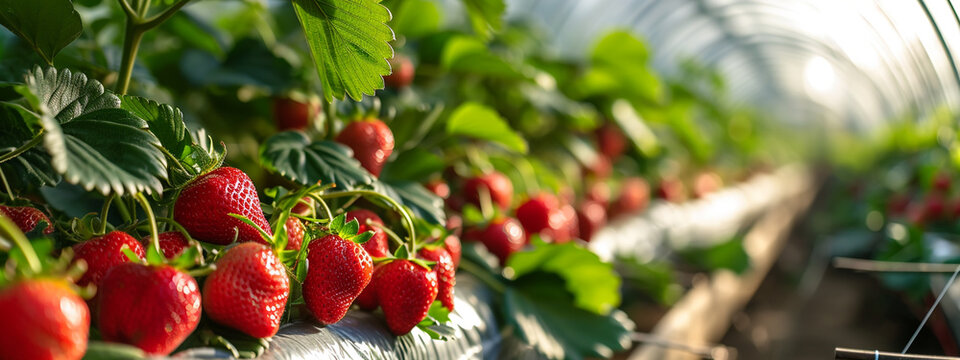 strawberries grow in a greenhouse close-up
