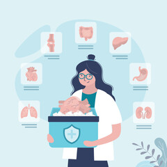 Human organ for transplant, donor infographic vector illustration. Clinic, organ donor search. Doctor holds box with human organs in ice.