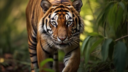  a close up of a tiger walking through a forest filled with grass and trees with a blurry background of leaves.