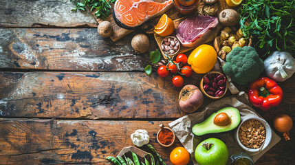Obraz na płótnie Canvas Selection of healthy food on rustic wooden background
