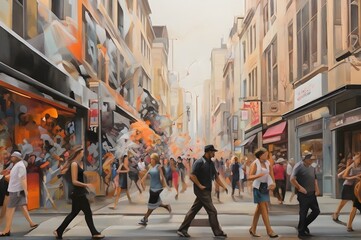 people walking on the street painting