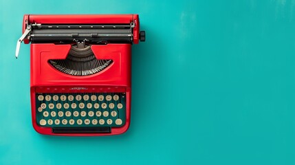 Vintage typewriter on a bright turquoise background