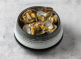 Roasted soclam served in dish isolated on grey background top view of singapore food
