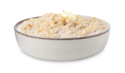 Tasty wheat porridge with milk and butter in bowl isolated on white