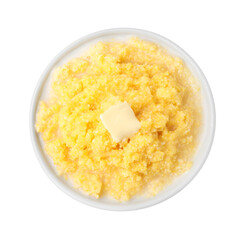 Tasty cornmeal with butter in bowl isolated on white, top view