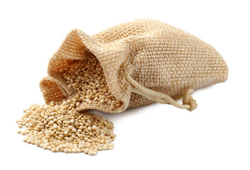 Burlap sack with raw quinoa isolated on white