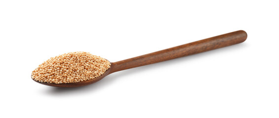 Wooden spoon with raw quinoa isolated on white