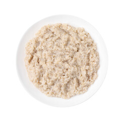 Delicious barley porridge in bowl isolated on white, top view