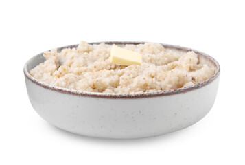 Delicious barley porridge with butter in bowl isolated on white