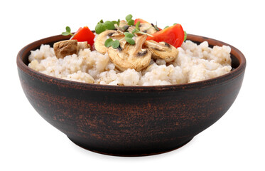 Delicious barley porridge with mushrooms, tomatoes and microgreens in bowl isolated on white
