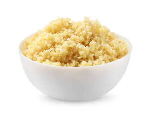 Delicious bulgur in bowl isolated on white