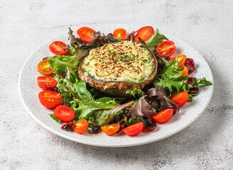 seasonal portobello with cherry tomato and leaves salad served in dish isolated on grey background top view of singapore food