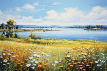 Canvas painting of lake, field, wild flowers, city in background. Generative AI