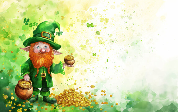 watercolor Leprechaun illustration with pot of gold.