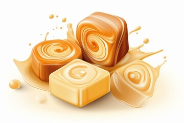 3D caramel candies with swirls of milk, yoghurt or cream, topped with fudge toffees. Creamy and delicious milk design element for advertising. Generative AI