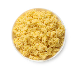 Tasty millet porridge in bowl isolated on white, top view