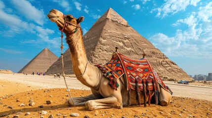 Magnificent Camels Lying in Wait at the Giza Pyramids. Generative Ai.
