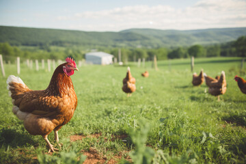 Free range chicken farm and sustainable agriculture. Organic poultry farming. Chickens roaming free in sustainable and animal-friendly farm. Free range bird in agriculture grass field.