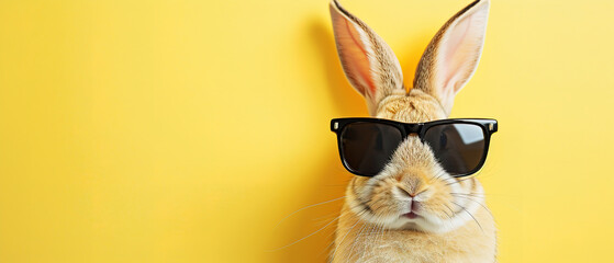 sweet easter bunny  wearing black sunglasses, on yellow background, with empty copy space - obrazy, fototapety, plakaty