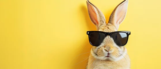 Foto op Aluminium sweet easter bunny  wearing black sunglasses, on yellow background, with empty copy space © Uwe