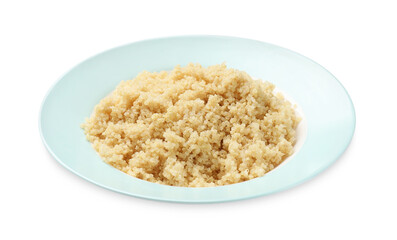 Plate with tasty cooked quinoa isolated on white