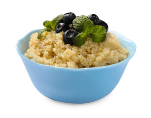 Tasty quinoa porridge with blueberries and mint in bowl isolated on white