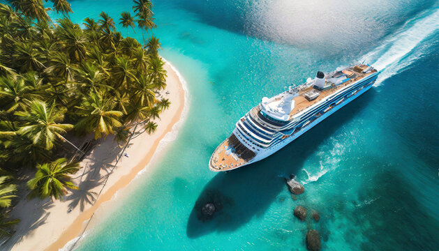 Aerial view of a large cruise ship in front of a small tropical island with palm trees with a beautiful sandy beach, surrounded by turquoise sea water. Generative Ai.