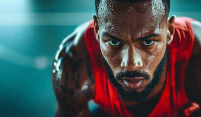 portrait of African american athlete after work out sweating and looking at camera