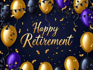 Happy Retirement Message With Gold Balloons, A Banner With Balloons And Confetti
