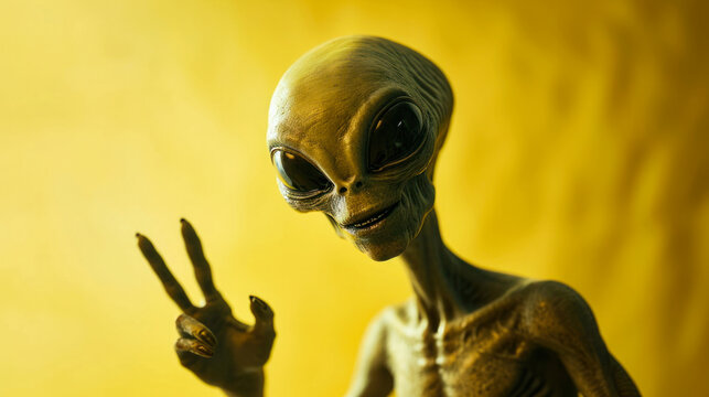 We come in peace, portrait of an alien making a peace sign on yellow background