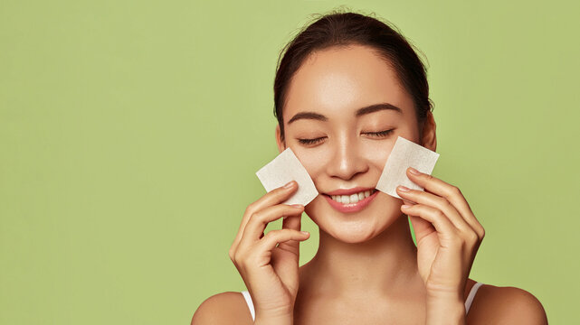 Facial cleansing. Skincare oil balance. Face wash gel. Beautiful Asian model with a  glowing, hydrated nourishing skin using face absorbing sheets. Korean cosmetics
