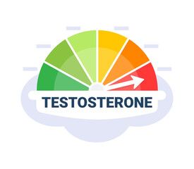 Colorful gauge showing testosterone level with arrow pointing to high on a cloudy background