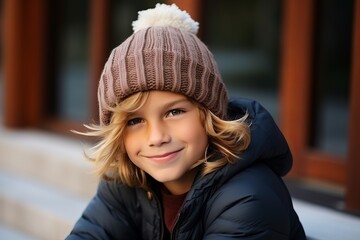 Portrait of a cute smiling boy in a warm hat and coat