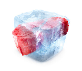Frozen food. Raw beef cut in ice cube isolated on white