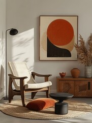 Minimalist abstract colorful mid century japandi style interior decor, living room inspiration. Zen, calm, charming and cosy vibes. Great for poster design or frame as decor. Simple shapes and lines.