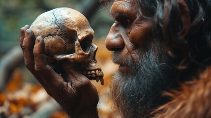 Neanderthal Man Examines a Skull Carefully in His Hand. Generative Ai.
