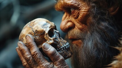 Neanderthal Man Examines a Skull Carefully in His Hand. Generative Ai.