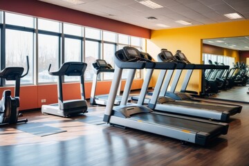 a photo of a interior of a modern fitness center gym club with a workout room with treadmills on a sunny day in the morning