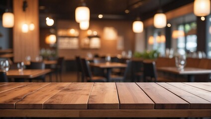 Blurry Restaurant Countertop on Empty Flat Smooth Wood Table Background, Empty Flat Smooth Wood Table, Bokeh Background