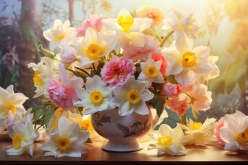  a vase filled with lots of white and pink flowers next to a bunch of yellow and pink flowers on a table.