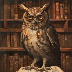 A poised owl wearing small, round spectacles, sitting in front of a backdrop of bookshelves filled with ancient tomes