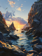 Sunset Kissing The Shimmering Ocean, A River Between Rocks With A Sunset