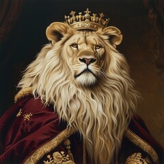 A regal lion with a flowing mane, adorned in a velvet robe and a golden crown, posed with an air of nobility