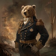 A stately bear in a naval officer's uniform, standing at attention, with a backdrop of a historical naval ship 