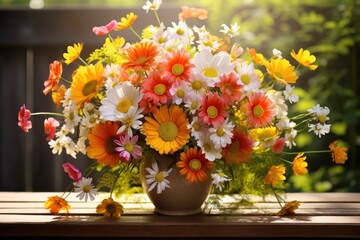  a vase filled with lots of flowers sitting on top of a wooden table in front of a wooden fenced in area.