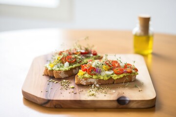 smashed avocado on rye, drizzled with olive oil, on a wooden board