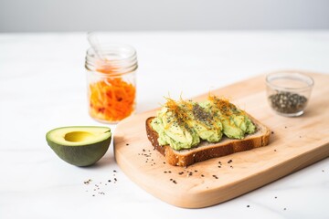 whole avocado next to toast with spread and cracked black pepper