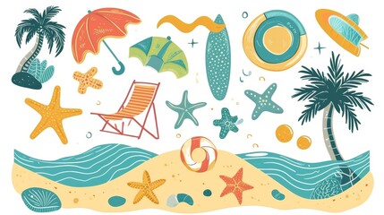 Fototapeta na wymiar Retro summer, beach and ocean vector design elements on white background