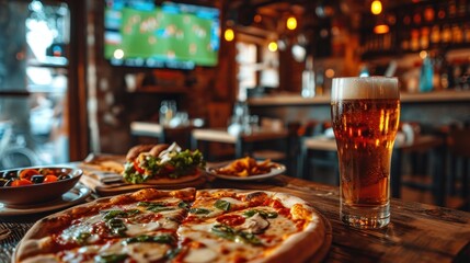 Pizza Aficionados Snacking while Watching Soccer on TV in a Restaurant. Generative Ai.